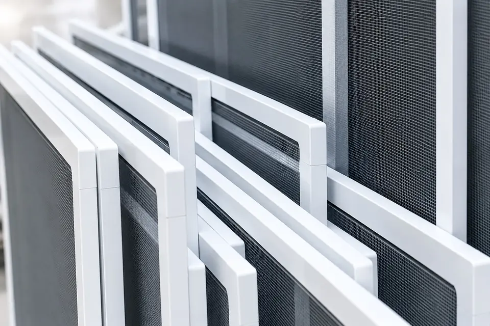 Stacked white custom window screen frames with dark mesh