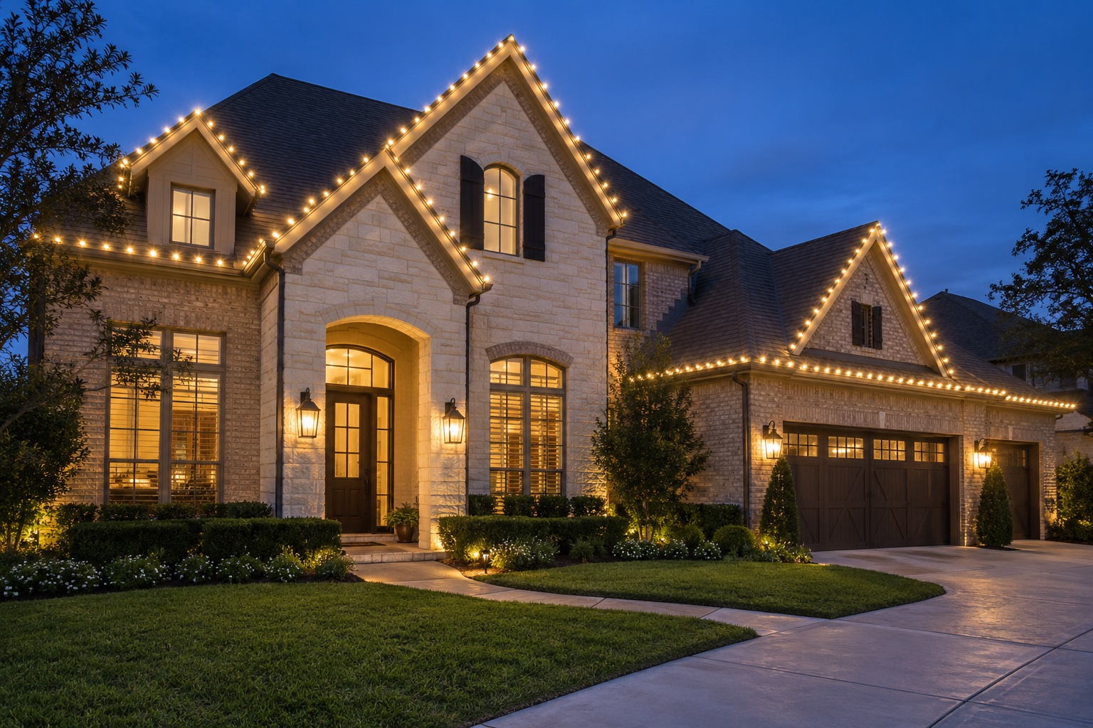 Suburban home with warm white Christmas lights installed along the roofline and gutters
