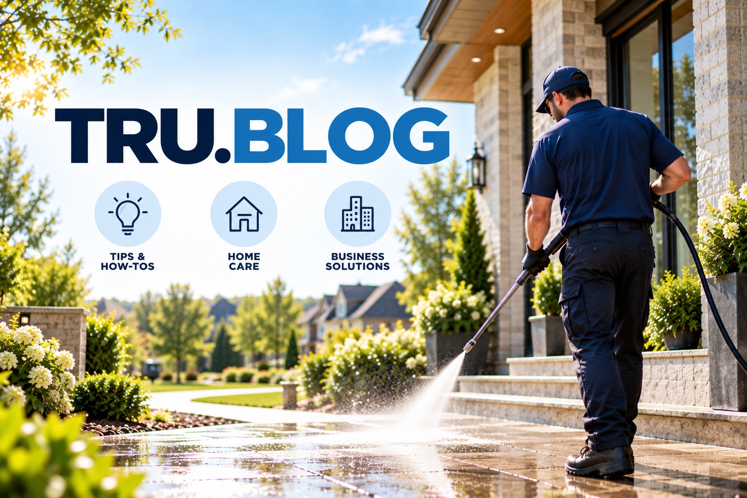 TruShine blog artwork featuring cleaning tips, home care, business solutions, and a technician pressure washing