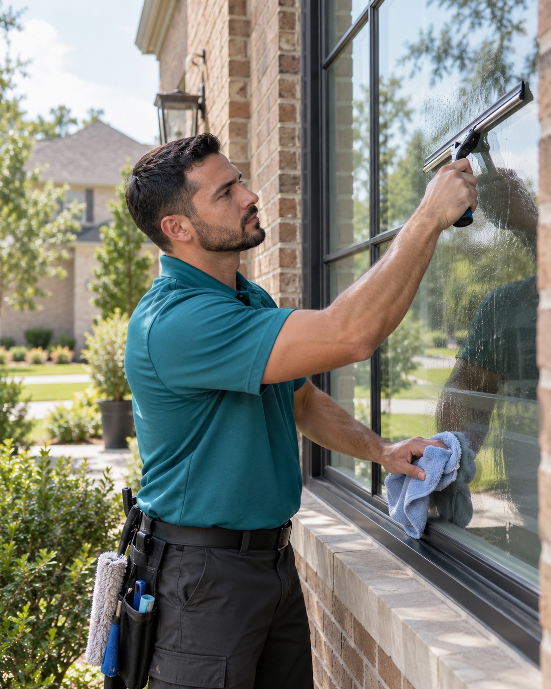 Professional window cleaner using a squeegee on residential glass in Houston