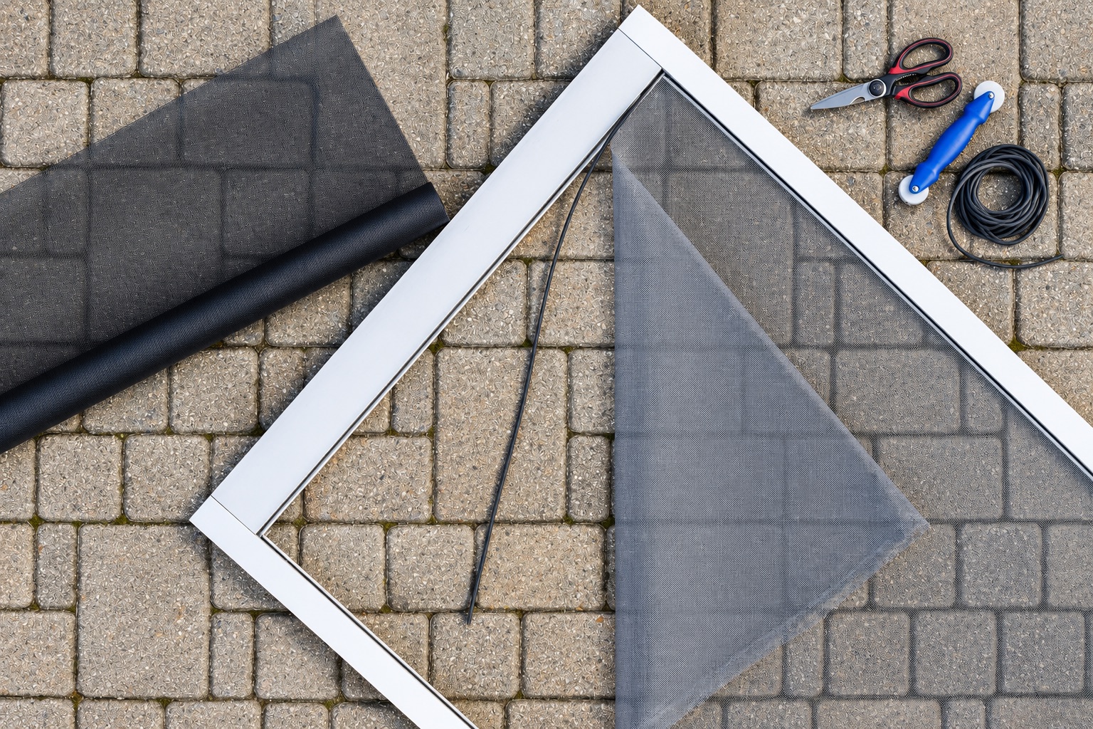Custom window screen frame, mesh, spline and installation tools arranged together