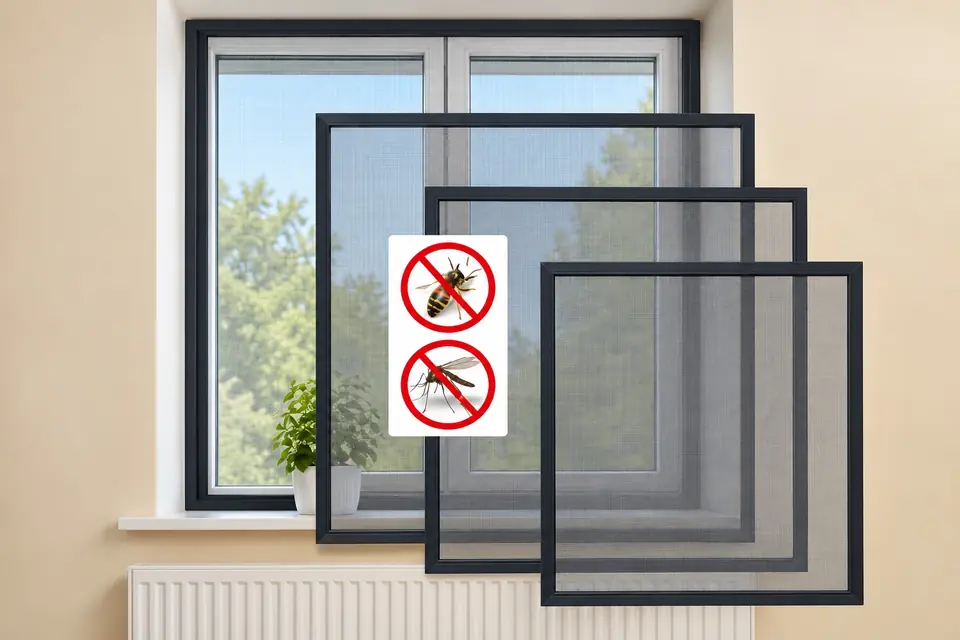 Several dark window screen frames layered in front of a home window with insect-blocking symbols