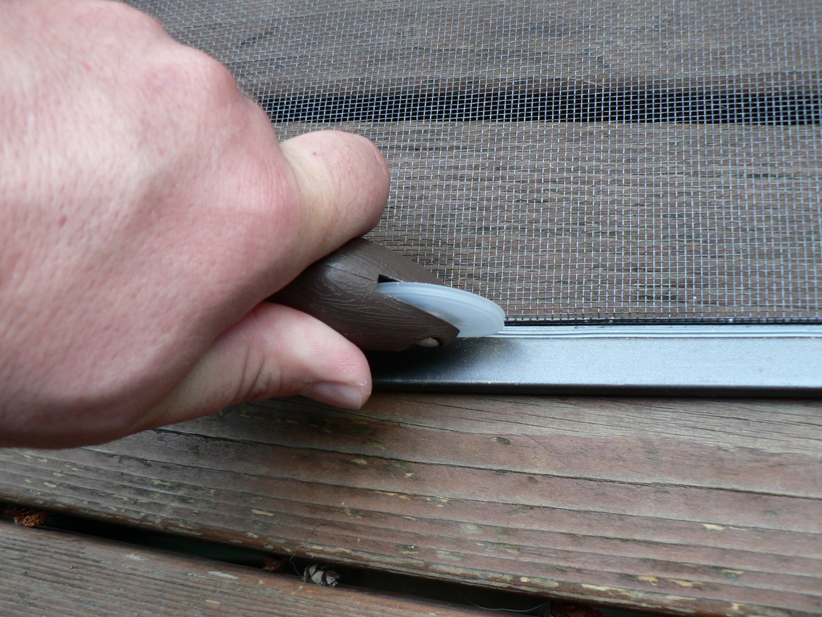 Spline roller securing new mesh into a window screen frame